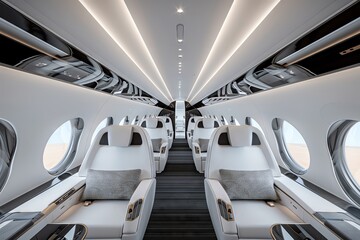 Luxury private jet interior with white leather seats and sleek design.
