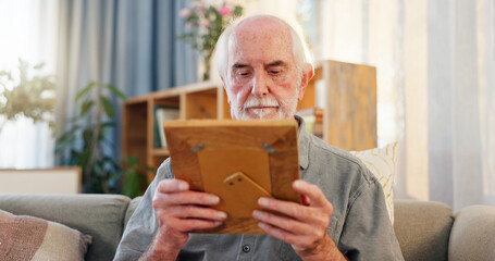 Retirement, senior man and frame with nostalgia, memories and reflection of past with picture on...