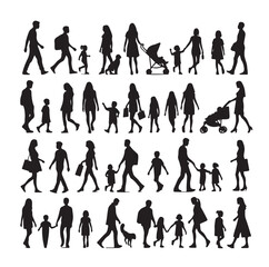 Set of Silhouette Walking People and Children. Illustration Vector 