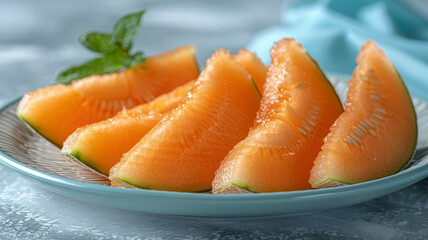 Plate of fresh cantaloupe melon slices with mint leaves.