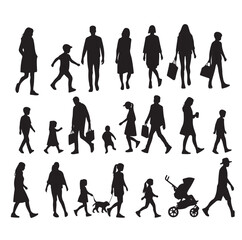 Set of Silhouette Walking People and Children. Illustration Vector 