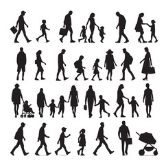 Set of Silhouette Walking People and Children. Illustration Vector 