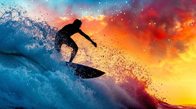 Silhouette of a surfer catching a wave on a vibrant holiday morning