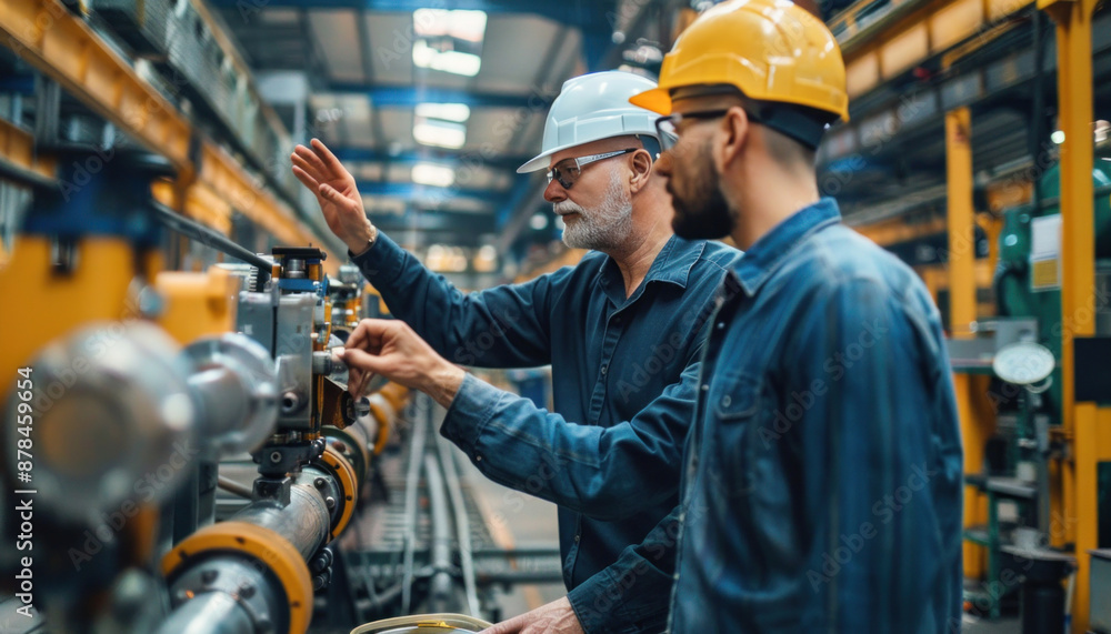 Poster two men are diligently working in a factory, concentrating on operating a machine