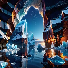 a small snowy mountain covered in ice sitting on top of a river