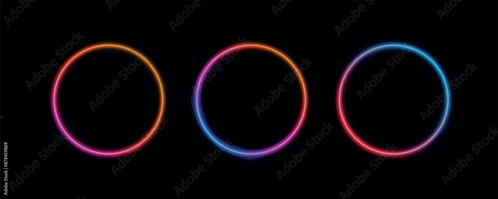 Aufkleber Abstract cosmic vibrant color circle backdrop. Collection of glowing neon lighting on dark background with copy space. Circle banner with gradient isolated on black background. Vector set.