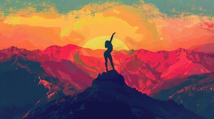 Silhouette of a person doing a handstand on a vibrant holiday mountain peak