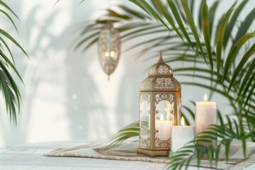 Eid mubarak greeting card with islamic lantern for graphic design