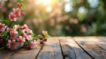 Fototapeta premium Pink Blossom Branch on Wooden Table