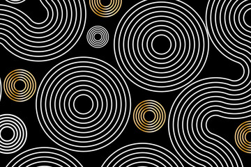 Abstract white lines circles on black background, linear swirls path vector banner template.