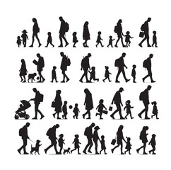 Set of Silhouette Walking People and Children. Illustration Vector 