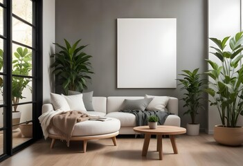 Fototapeta premium Frame with poster mockup in the room in a modern Scandinavian style. Generative AI