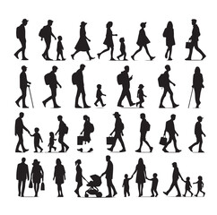 Set of Silhouette Walking People and Children. Illustration Vector 