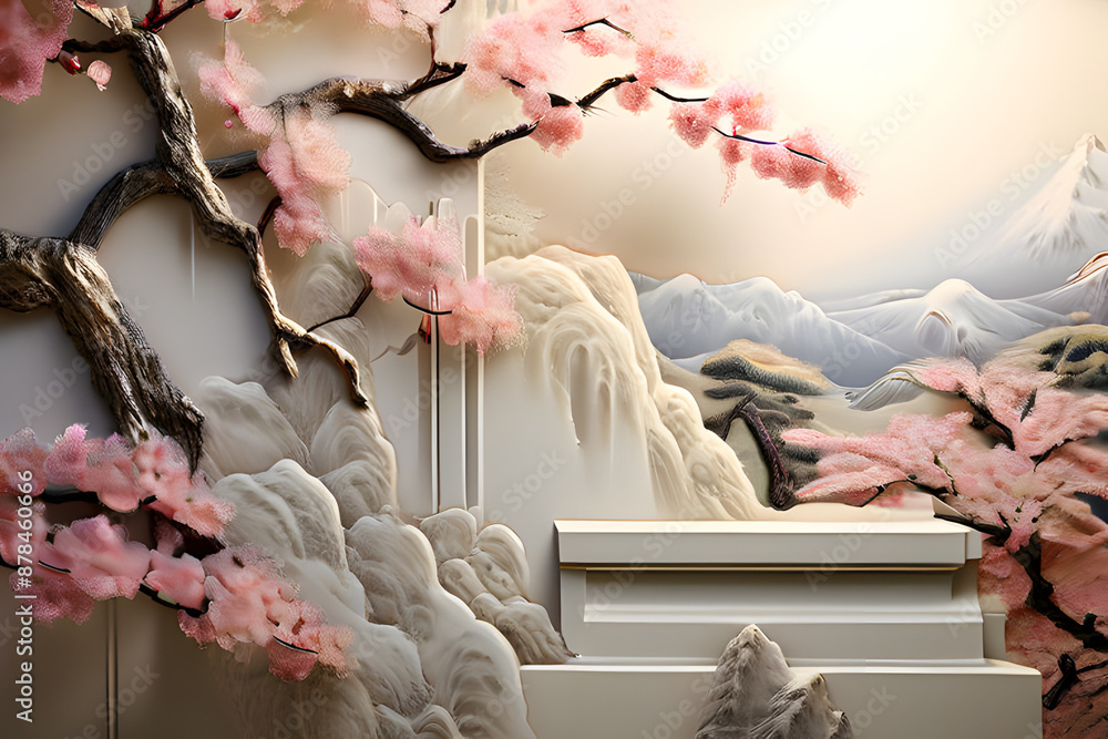 Sticker Textured elegance meets Eastern serenity. A concrete wall adorned with dimensional stucco molding, accented with gleaming gold elements, transforms into a captivating canvas.