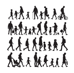 Set of Silhouette Walking People and Children. Illustration Vector 