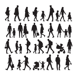 Set of Silhouette Walking People and Children. Illustration Vector 