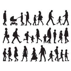 Set of Silhouette Walking People and Children. Illustration Vector 