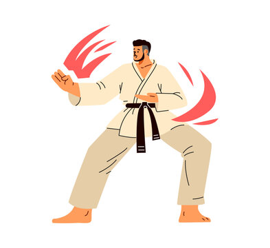 recommend clip art: Karate man fighter in kimono and black belt flat vector, Asian martial art training practice with movement lines