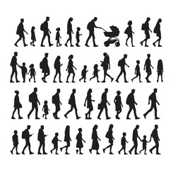 Set of Silhouette Walking People and Children. Illustration Vector 