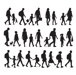 Set of Silhouette Walking People and Children. Illustration Vector 