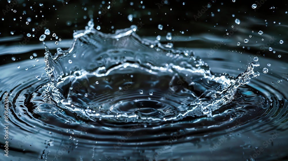 Poster close-up shot of a water drop creating ripples and splashes on a dark surface. captures the motion a
