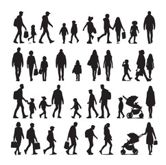 Set of Silhouette Walking People and Children. Illustration Vector 