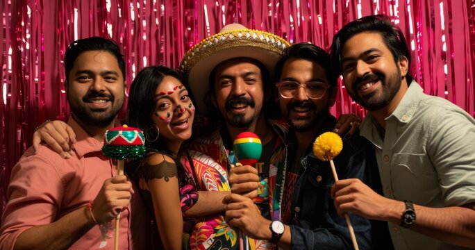 Group of friends celebrating with colorful props and costumes at a festive party