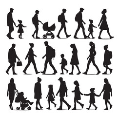 Set of Silhouette Walking People and Children. Illustration Vector 
