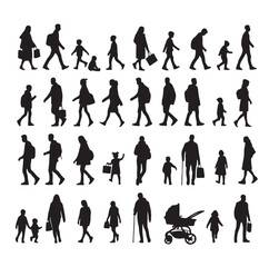 Set of Silhouette Walking People and Children. Illustration Vector 