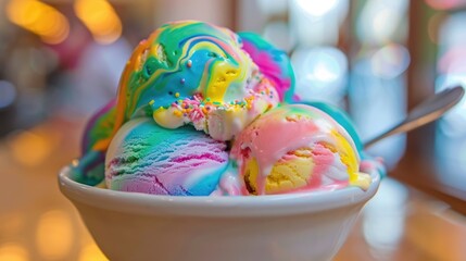 Fototapeta premium Rainbow ice cream with multicolored swirls, vibrant and delicious dessert