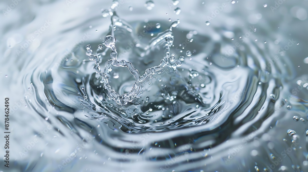 Poster close-up shot of a water droplet splashing in clear water, capturing the ripple effect and creating 