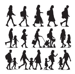 Set of Silhouette Walking People and Children. Illustration Vector 