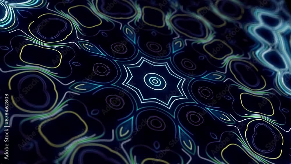 Poster 4k abstract looped bg with flashing lines pattern like symmetrical radial ornament on plane like lig