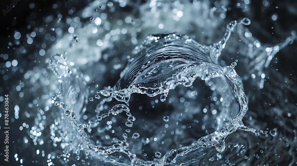 Poster Close-up shot of a water splash creating intricate patterns and droplets on a black background showcasing fluid dynamics and motion.