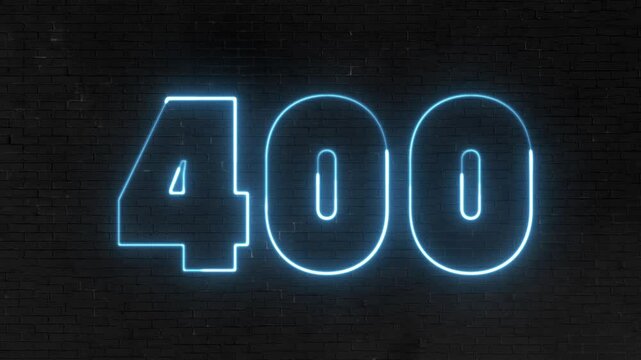 400 number text font with light. Luminous and shimmering haze inside the letters of the text 400.  Four hundred neon sign.