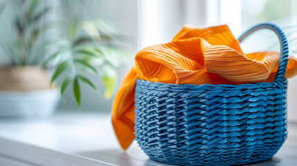 Blue woven basket with orange cloth next to a houseplant.