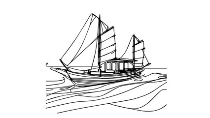 asian style boat one line illustration