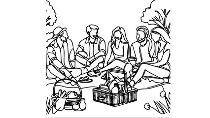 people doing picnic one line illustration