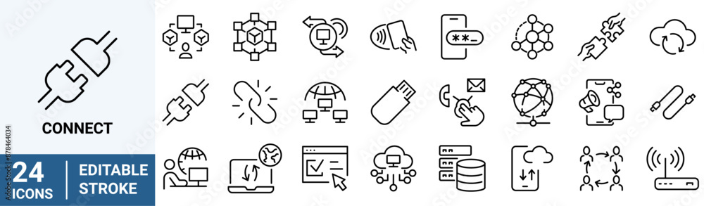 Poster connect line web icons. outline icons related to network, internet. editable stroke. vector illustra