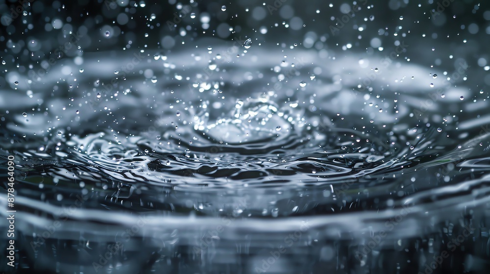 Poster close-up shot of water droplets splashing into a pool, creating ripples and bubbles. capturing the d