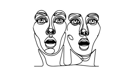 female surprised faces one line illustration