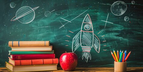 A chalkboard with a rocket on it and a stack of books and a red apple