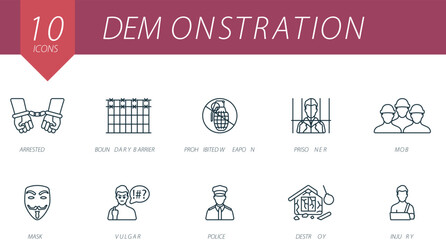 Demonstration outline icons set. Creative icons: arrested, boundary barrier, prohibited weapon, prisoner, mob, mask, vulgar, police, destroy, injury.