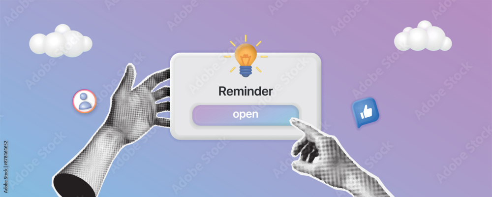 Poster Reminder in calendar and hand to press button. notifications page with floating elements. Notifications page with floating elements. Business planning ,events, reminder and timetable