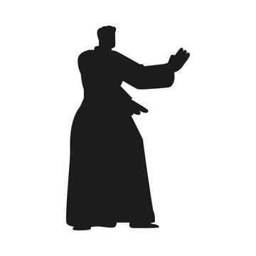 recommend clip art: Aikido man fighter in kimono and black belt vector black silhouette, Asian martial art training practice, Karate pose
