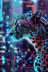 A leopard walking through a futuristic city with glowing digital elements
