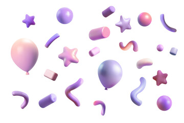 Party clappers confetti 3d vector, shapes, balloon. Birthday or carnival fireworks or popper paper streamers, star and elements for greeting design. Pastel purple.