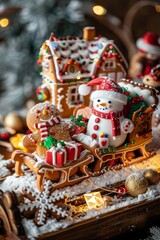 Holiday traditional food bakery. Two gingerbreads and sleigh with gifts in cozy warm decoration with garland lights.