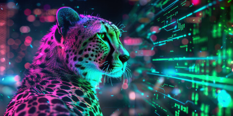 A cheetah integrated into a digital world, representing innovation and high-speed data