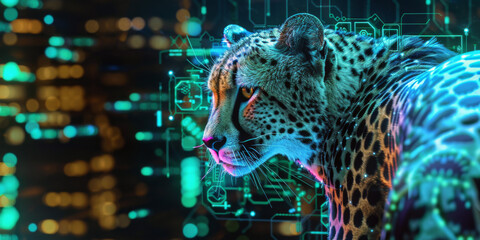 A cheetah in a digital matrix, illustrating the combination of nature and cutting-edge technology